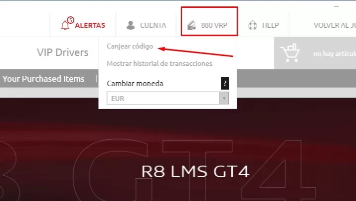 Opción de canjear VRP en RaceRoom