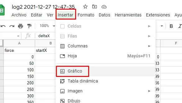 Insertar gráfico Hojas de Cálculo Google