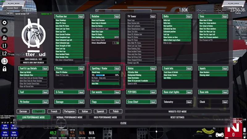 Selección del widget de radar dentro de la interfaz OtterHUD